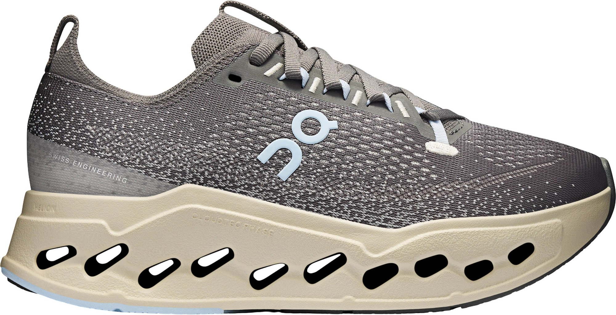 Light gray and dark gray mesh upper with a textured finish, featuring a distinctive beige sole with cut-out details and the "On" logo in light blue.