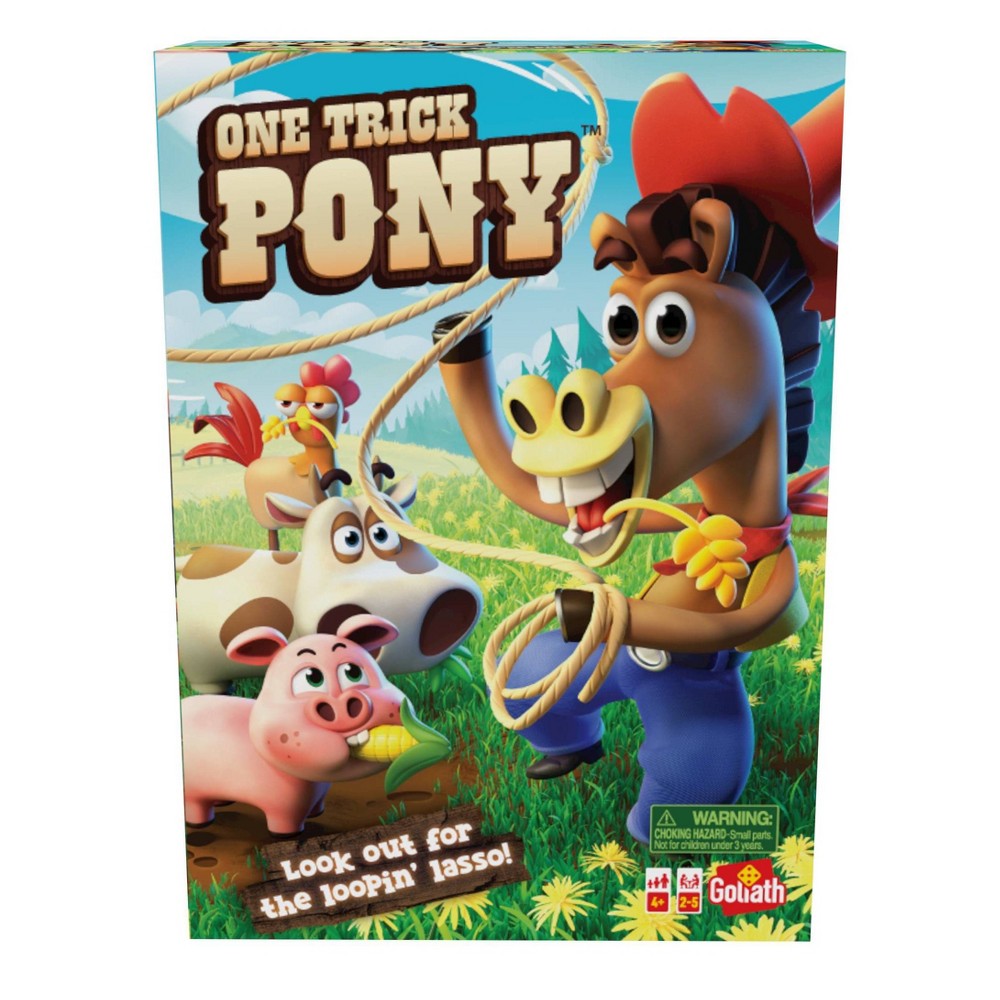 Colorful game box featuring a cartoon horse in a cowboy hat, surrounded by a pig and cows, with a lasso and green grass background, labeled "One Trick Pony."