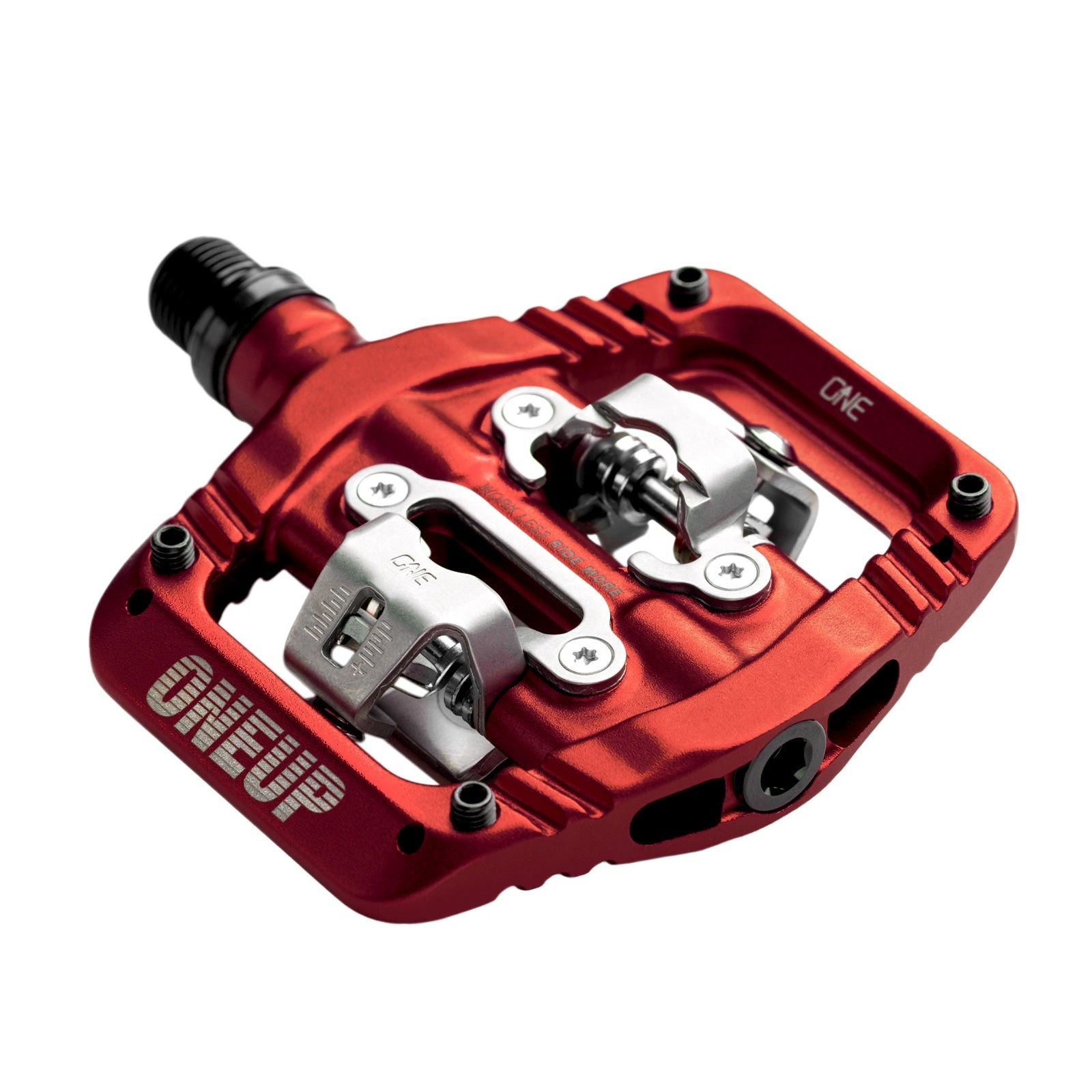 Red aluminum clip pedal featuring a sleek design, adjustable tension, and a durable metal clip mechanism, marked with "ONEUP" branding on the side.