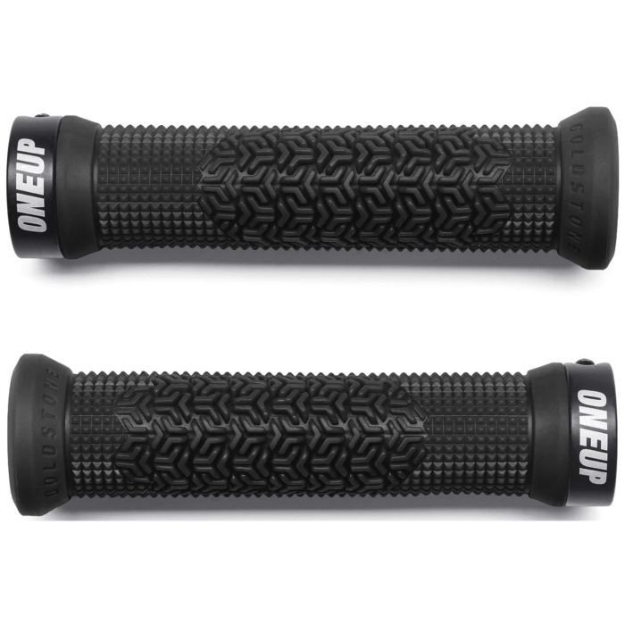 Black rubber grips featuring a textured pattern for enhanced grip, with "ONEUP" branding on the ends, designed for comfort and control in cycling.