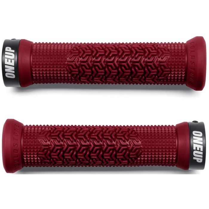 Maroon rubber grips featuring a textured pattern for enhanced grip, with black end caps labeled "ONEUP" for added style and durability.