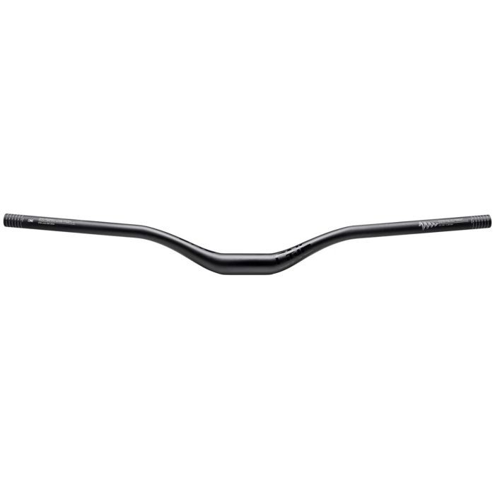 Black carbon handlebar with a sleek, lightweight design, featuring a slight rise and wide grip area, ideal for mountain biking.
