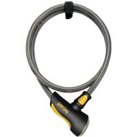 Black and yellow OnGuard Akita cable lock with coiled steel cable and integrated key lock mechanism.