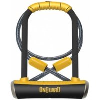 Black and yellow OnGuard U-lock with cable, featuring a sturdy shackle and protective rubber grips.