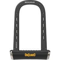 Black OnGuard RockSolid D-Lock with yellow logo, curved shackle, and Sold Secure Diamond rating.