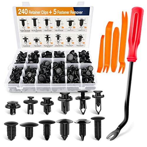 A clear plastic storage box filled with various black retainer clips and fasteners, accompanied by orange removal tools and a red screwdriver, all organized in compartments.