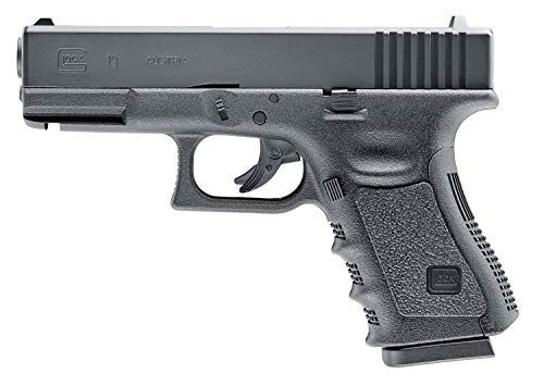 Black Glock 19 Gen3 .177 caliber BB gun air pistol featuring a textured grip, slide serrations, and a realistic design, suitable for training and recreational use.