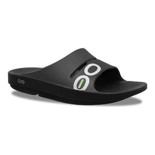 Black unisex OOFOS OOahh Sport Slide features a sleek design with a wide strap and a cushioned footbed, ideal for comfort and recovery, size 11.