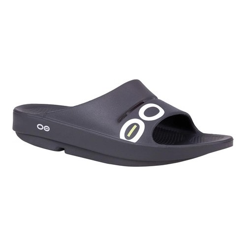 Black unisex OOFOS OOahh Sport Slide in size 12, featuring a sleek design with a wide strap, open toe, and cushioned footbed for comfort.