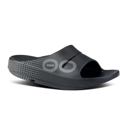Unisex OOFOS Ooahh Sport shoes in Matrix Black, featuring a slip-on design, open toe, and a cushioned, lightweight sole with a textured grip pattern.