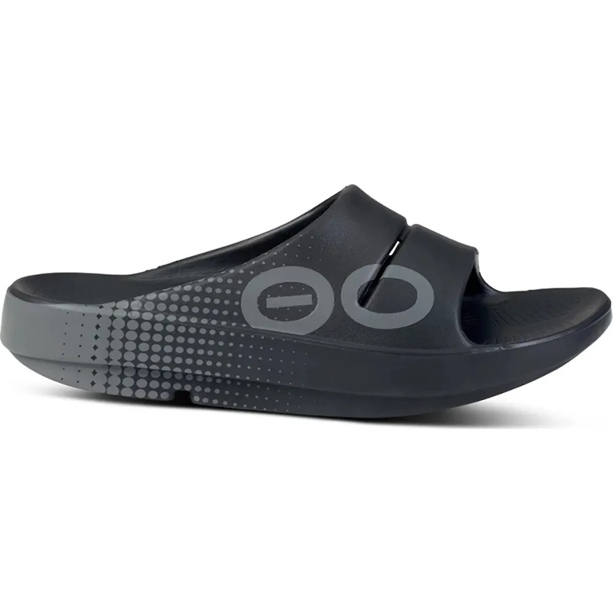 Unisex OOFOS Ooah Sport Slide in Matrix Black, featuring a sleek design with a textured footbed, wide straps, and a cushioned sole for comfort and support, size 13.
