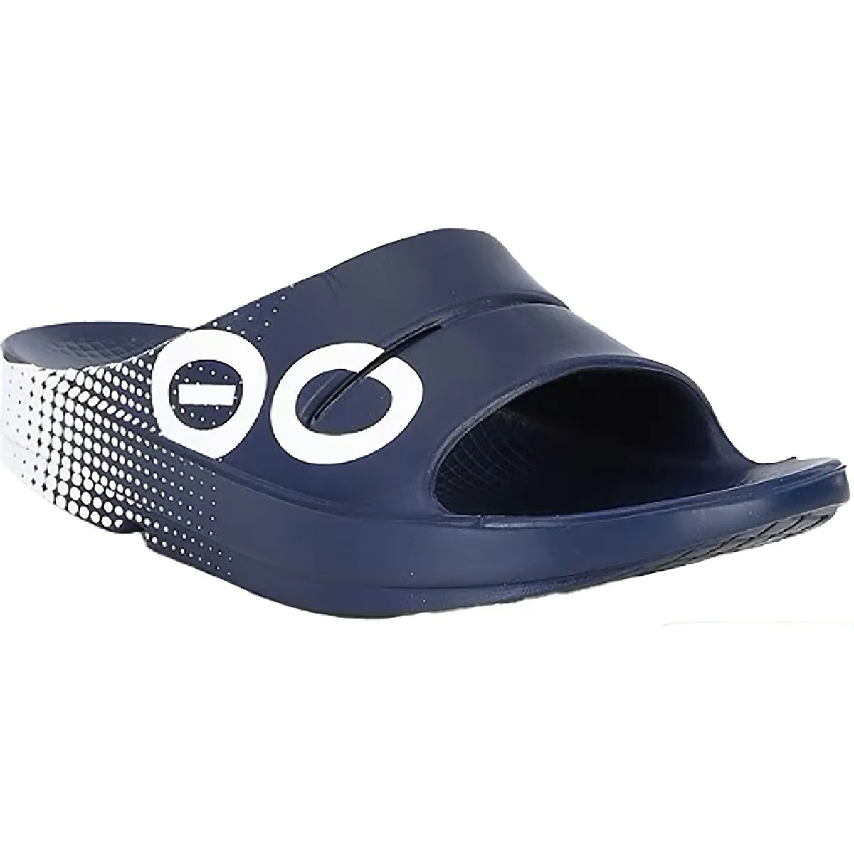 Unisex OOFOS Ooahh Sport shoes in size 12, featuring a Matrix Navy color with a smooth material, open toe design, and distinctive white circular logo accents.