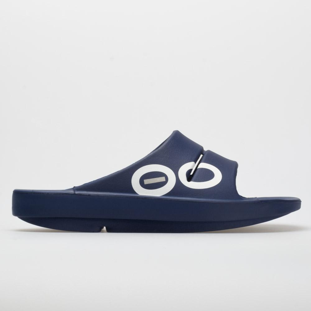 Navy unisex OOFOS OOahh Sport Slide in size 9, featuring a sleek design with a cushioned sole and distinctive circular cutouts for breathability.