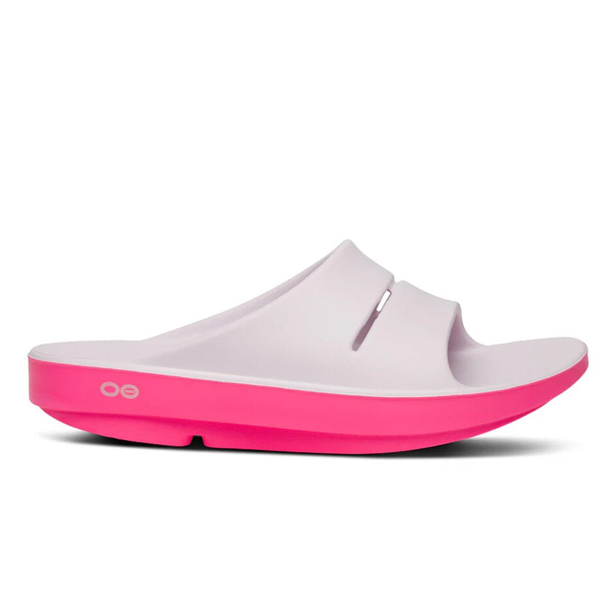 Light pink slide sandal with a thick pink sole, featuring two wide straps and a cushioned footbed, labeled "OOFOS" on the side, in size 8.