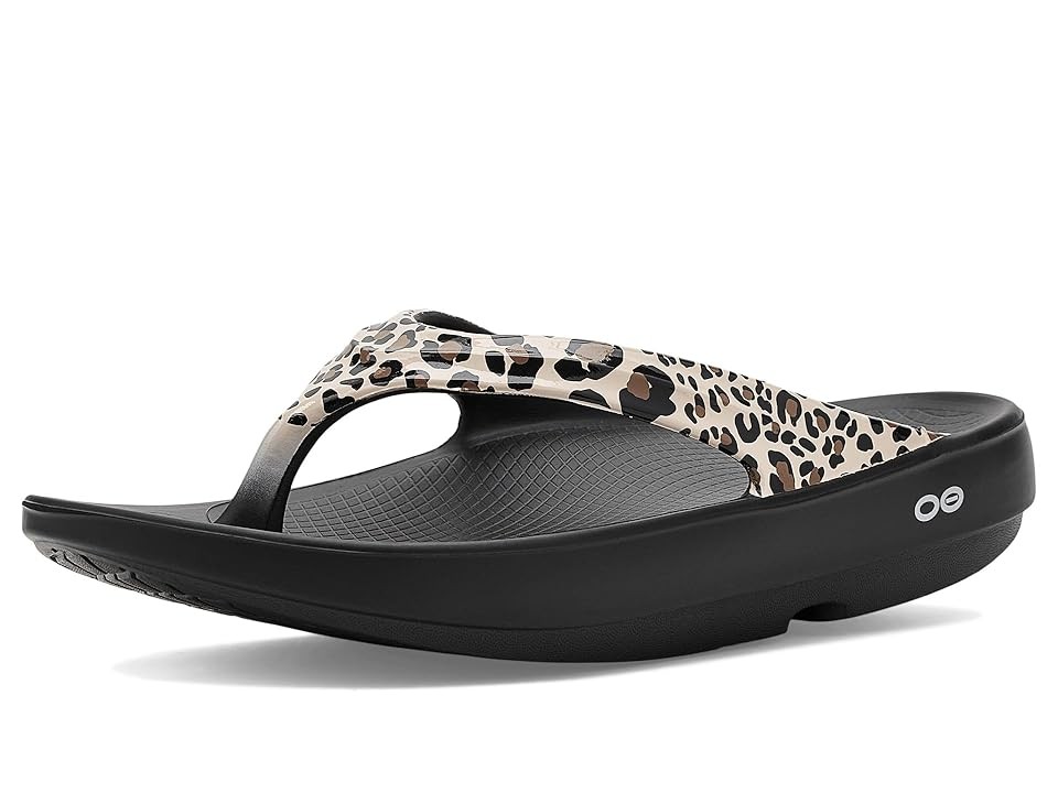 Leopard print synthetic thong sandals with a black sole, featuring a cushioned footbed and a sleek, modern design, size 9 medium.