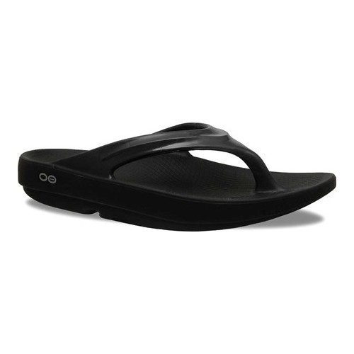 Black OOFOS OOlala flip flop sandals featuring a sleek design, soft foam material, and a thong strap for comfort, ideal for casual wear.