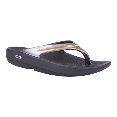 Black and latte synthetic OOFOS Women's OOlala Sandal featuring a sleek design with a thong strap and a cushioned sole for comfort, size 8 M.