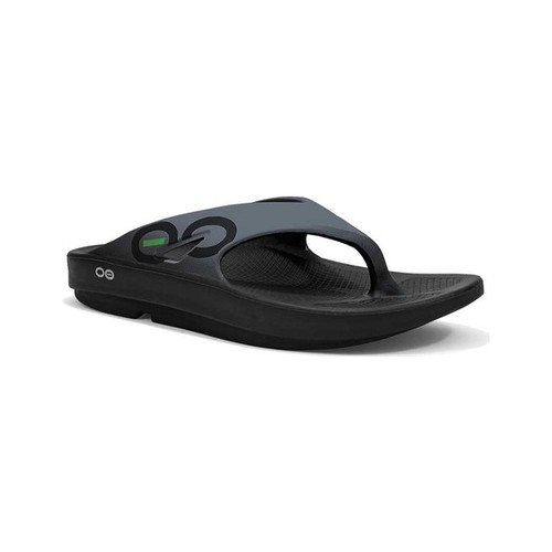Black and graphite synthetic OOFOS OOriginal Sport Sandal featuring a thong strap design, cushioned footbed, and a sleek, modern look, available in men's 9 and women's 11 medium sizes.