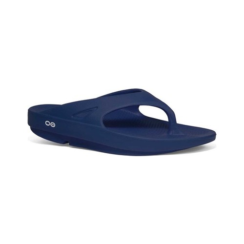 Navy blue OOFOS OOriginal Sandal featuring a synthetic material, a thong-style design, and a cushioned footbed, suitable for men's size 5 and women's size 7.