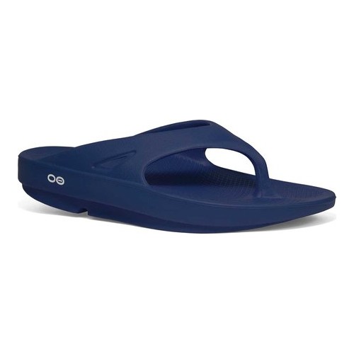 Navy blue unisex thong sandal with a cushioned footbed, flexible material, and a sleek design, featuring a distinctive OOFOS logo on the side.