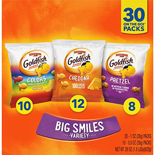 Variety pack box of Goldfish Crackers featuring three flavors: Colors, Cheddar, and Pretzel, with a total of 30 snack packs and a bright orange background.