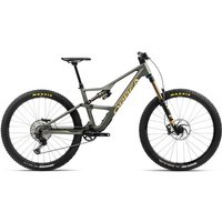 Orbea Occam LT M10 Mountain Bike 2024, gray frame, full suspension, 29-inch wheels, gold accents, black saddle.