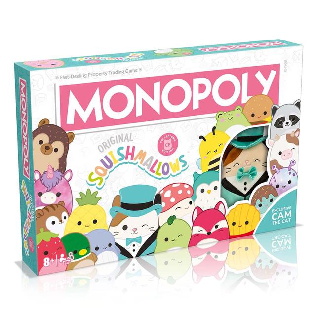 Colorful Monopoly game box featuring Squishmallows characters, including a bear, cat, and various cute animals, with a prominent pink "MONOPOLY" title and a teal game piece.