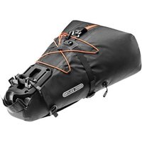 Black Ortlieb Seat-Pack QR Saddle Bag with orange bungee cords and quick-release mounting system.