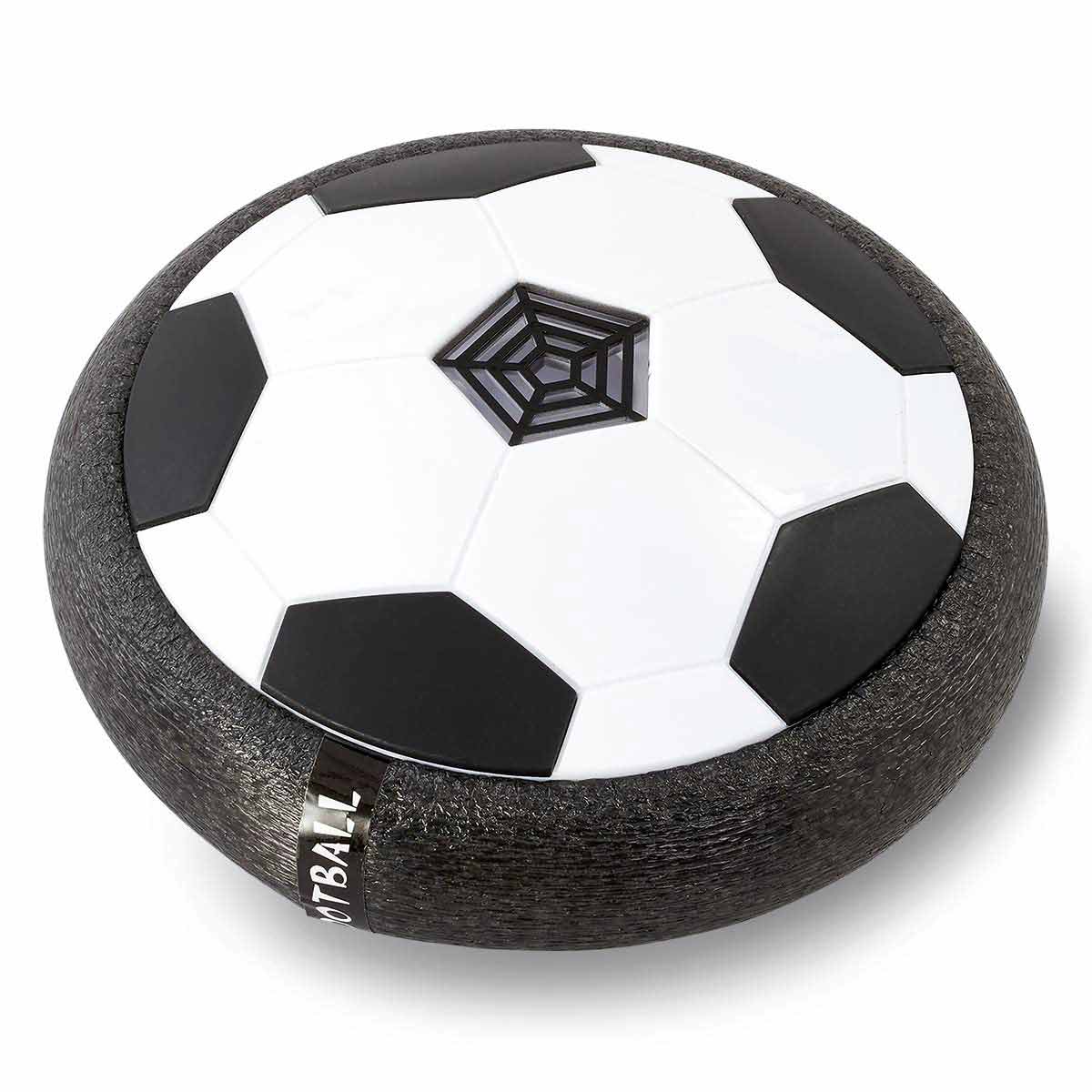 A round, black and white football disc with a smooth surface and a textured black rim, designed for sliding play, featuring a spider web pattern in the center.