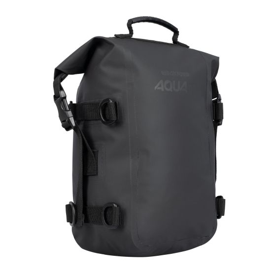 Black waterproof bag with a roll-top closure, featuring adjustable straps and a sturdy handle, designed for motorcycle crash bars, with a capacity of 7 litres.
