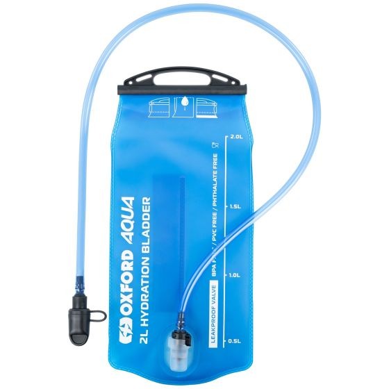 Oxford Aqua HB2 hydration bladder in blue, featuring a 2-liter capacity, a clear drinking tube, and a leak-proof valve for easy hydration during outdoor activities.