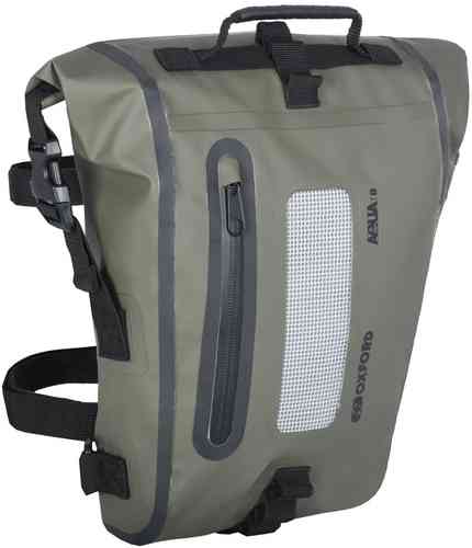 Khaki and black waterproof roll-top tail pack by Oxford, featuring an 8L capacity, adjustable straps, a mesh pocket, and a sturdy handle on top.