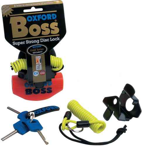 Bright orange disc lock with "BOSS" branding, accompanied by a black mounting bracket, yellow coiled cable, and two keys, designed for strong security.
