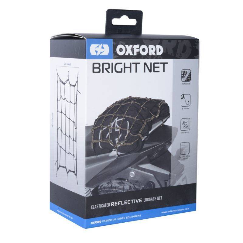 Black elasticated luggage net with reflective features, packaged in a box displaying the Oxford logo and product details, designed for securing cargo.