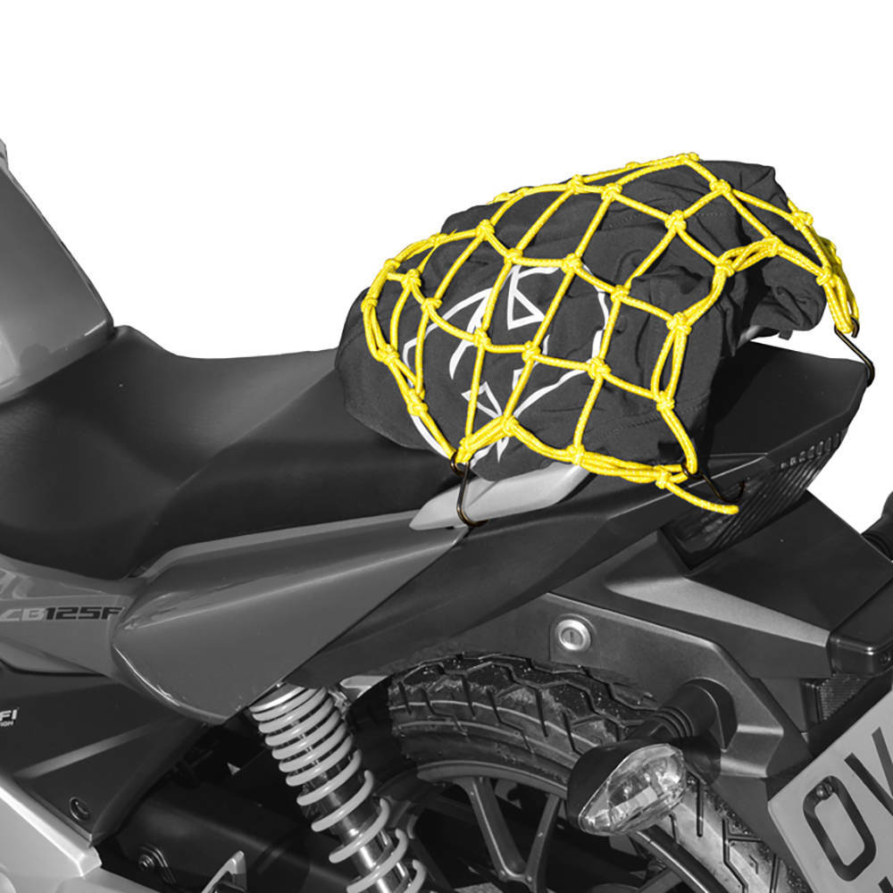 Bright yellow reflective netting made of elastic material, designed to secure items on a motorcycle seat, featuring a diamond-shaped mesh pattern.