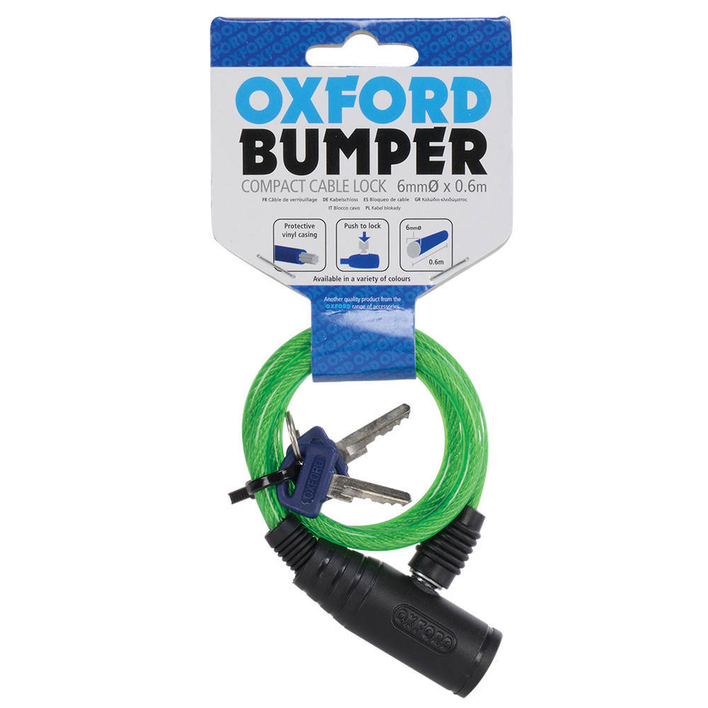 Green 6mm x 600mm compact cable lock with a vinyl coating, featuring a locking mechanism and two blue keys attached.
