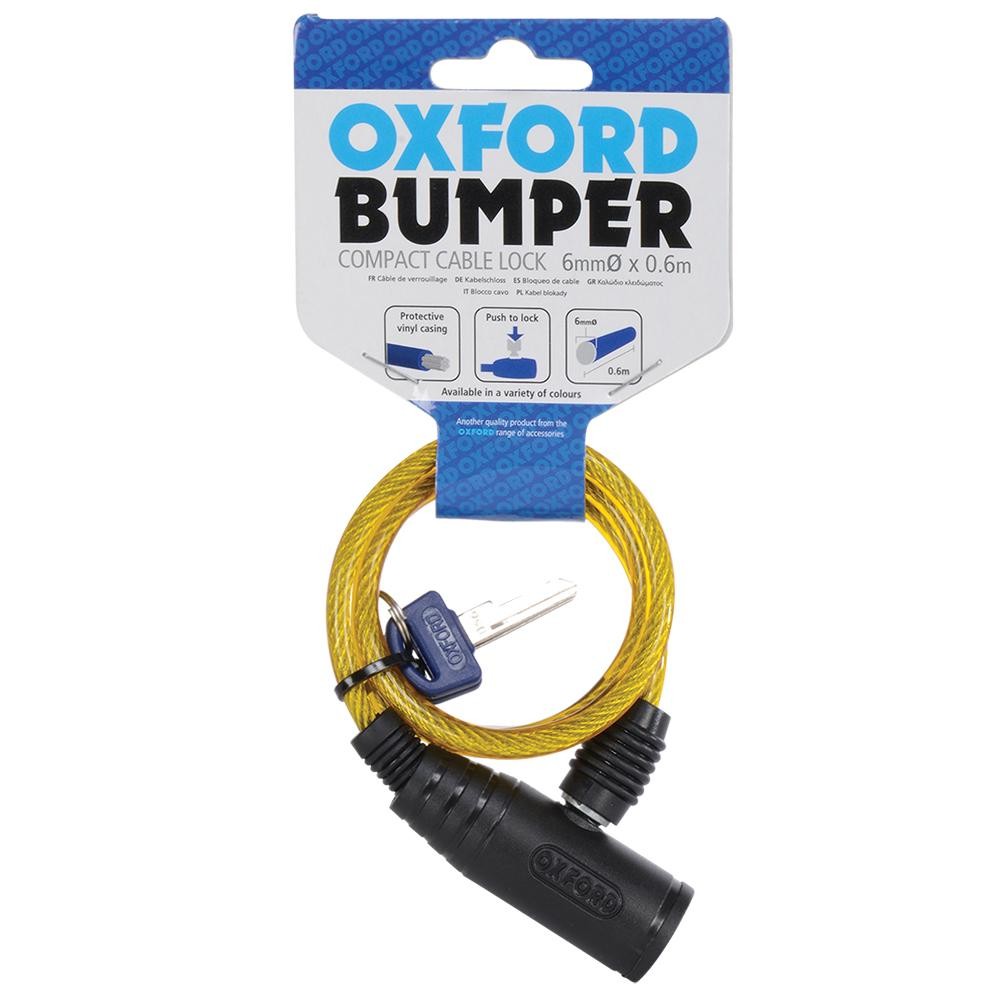 Yellow 6mm x 600mm Oxford Bumper Compact Cable Lock with a vinyl casing, featuring a key and a sturdy locking mechanism, packaged with a branded card.
