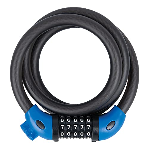 Black flexible cable lock with a blue plastic casing at both ends, featuring a 4-digit combination dial for security, designed for bicycles and outdoor use.