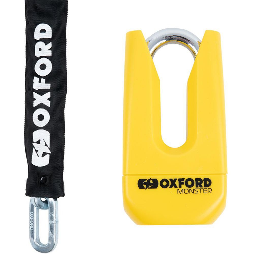 Black 12 mm x 1.5 m chain with a durable fabric cover and a bright yellow 11 mm disc lock, featuring the Oxford Monster logo prominently displayed.