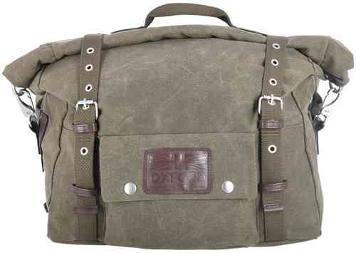 Brown Oxford Heritage 40L side bags featuring a durable canvas material, adjustable straps, a top handle, and a front flap with a leather patch logo.