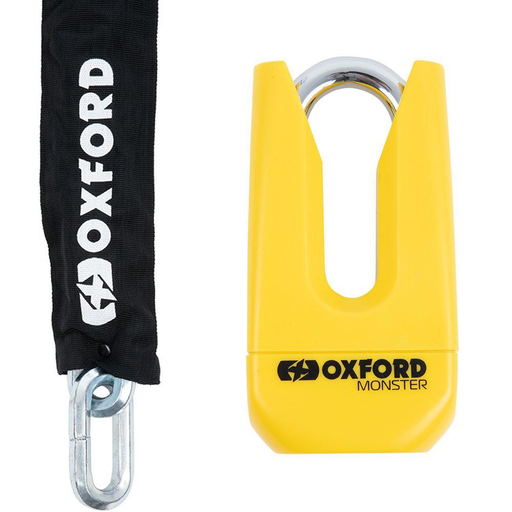 Black hex chain with a 14 mm thickness and 1.5 m length, paired with a bright yellow Monster disc lock featuring a sturdy design and the Oxford logo.