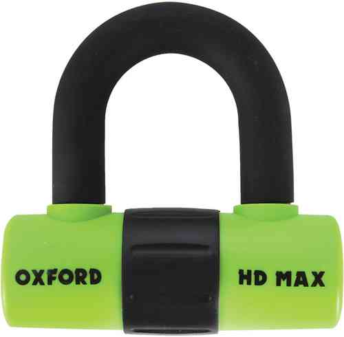 Green Oxford HS MAX Disc Lock features a 14mm shackle, a durable plastic body, and a black rubber cover for added grip and protection.