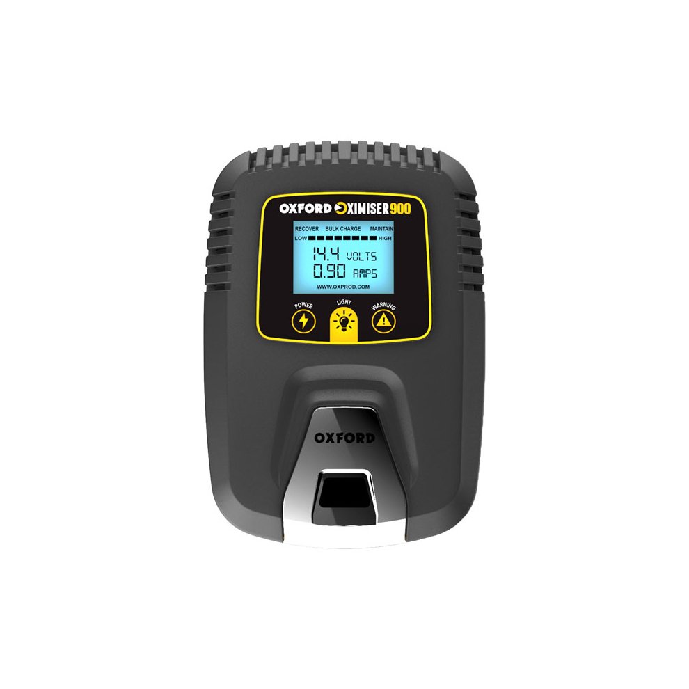 Oxford Oximiser 900 battery charger in black and yellow, featuring a digital display showing voltage and charging status, designed for UK use with a sturdy plastic casing.