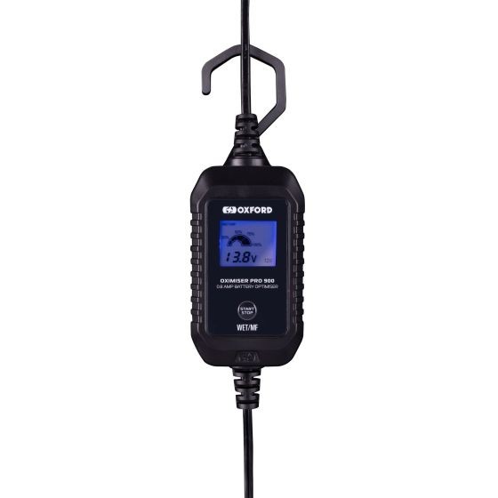 Black Oxford Oximiser Pro 900 battery optimiser with a digital display showing voltage, a sturdy design, and a hanging hook for easy storage.