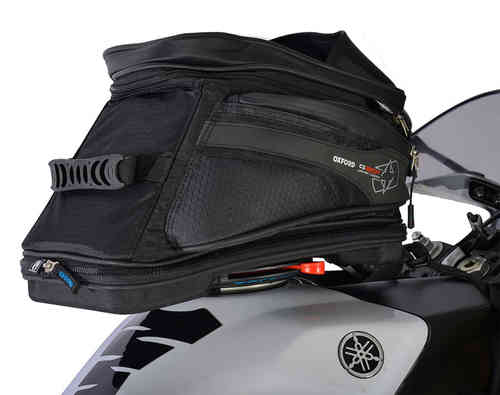 Oxford Q20R Quick Release Tank Bag in black, featuring a durable material, zippered compartments, and a sleek design, with a capacity of 20 litres for convenient storage.
