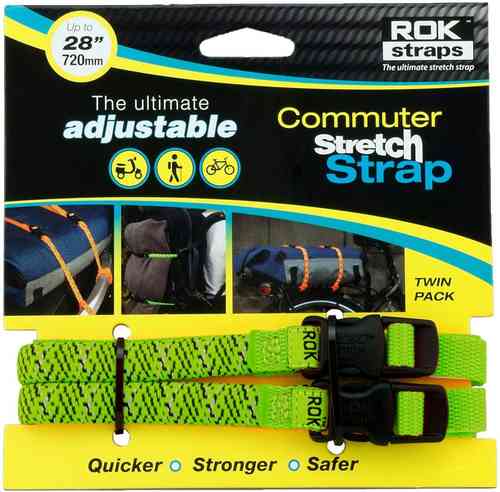 Reflective green Oxford ROK straps, 720mm long and 12mm wide, featuring adjustable buckles, designed for secure cargo holding, packaged in a twin pack.