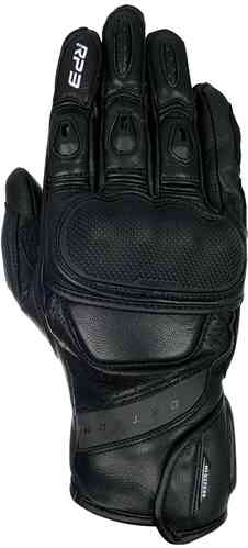 Stealth black leather motorcycle gloves featuring padded knuckles, reinforced palm, and breathable mesh inserts, designed for short sports riding with a snug fit.