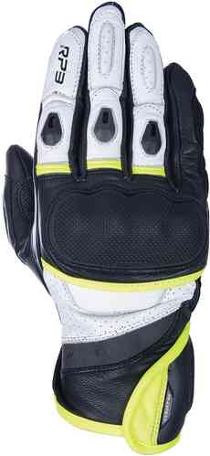 Black and white leather motorcycle glove with fluo yellow accents, featuring reinforced knuckles, mesh panels for ventilation, and a sporty design, size XL.