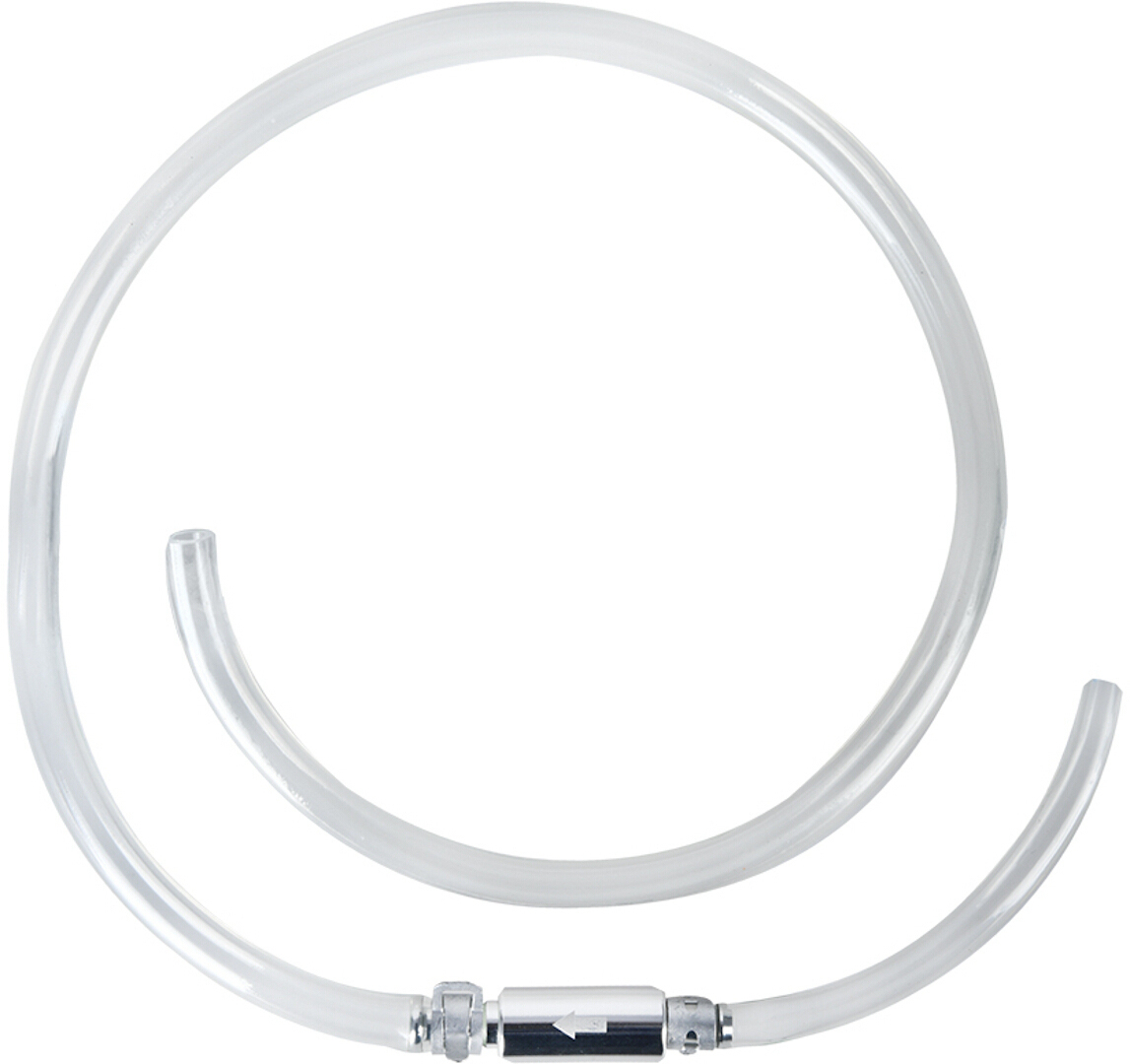 Clear plastic brake bleeder hose with a metal connector, featuring a curved end and a straight section, designed for efficient brake fluid bleeding.