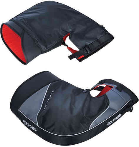 Black and grey Oxford OX395 motorcycle over gloves with a red lining, featuring adjustable straps and a protective design for enhanced warmth and comfort.